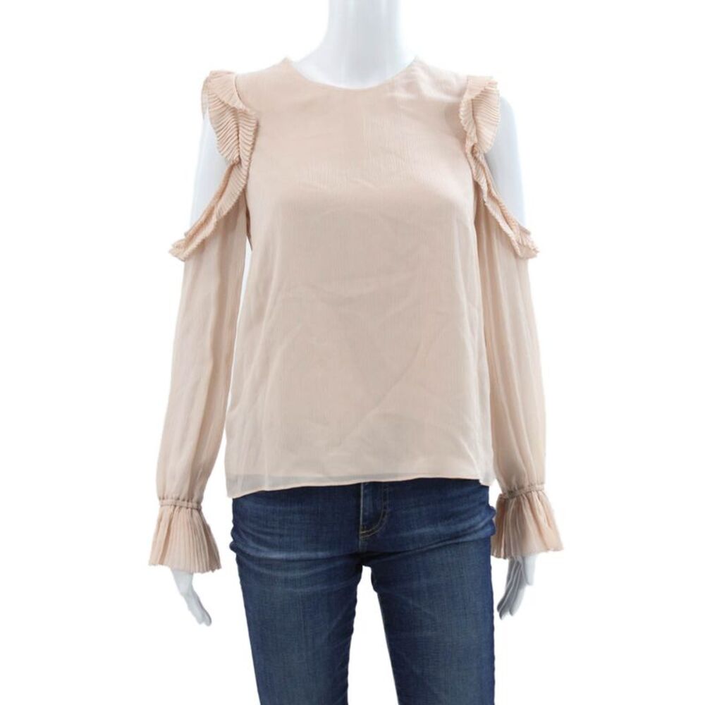 Intermix Womens Silk Round Neck Long Sleeve Button Blouse Beige Size 0